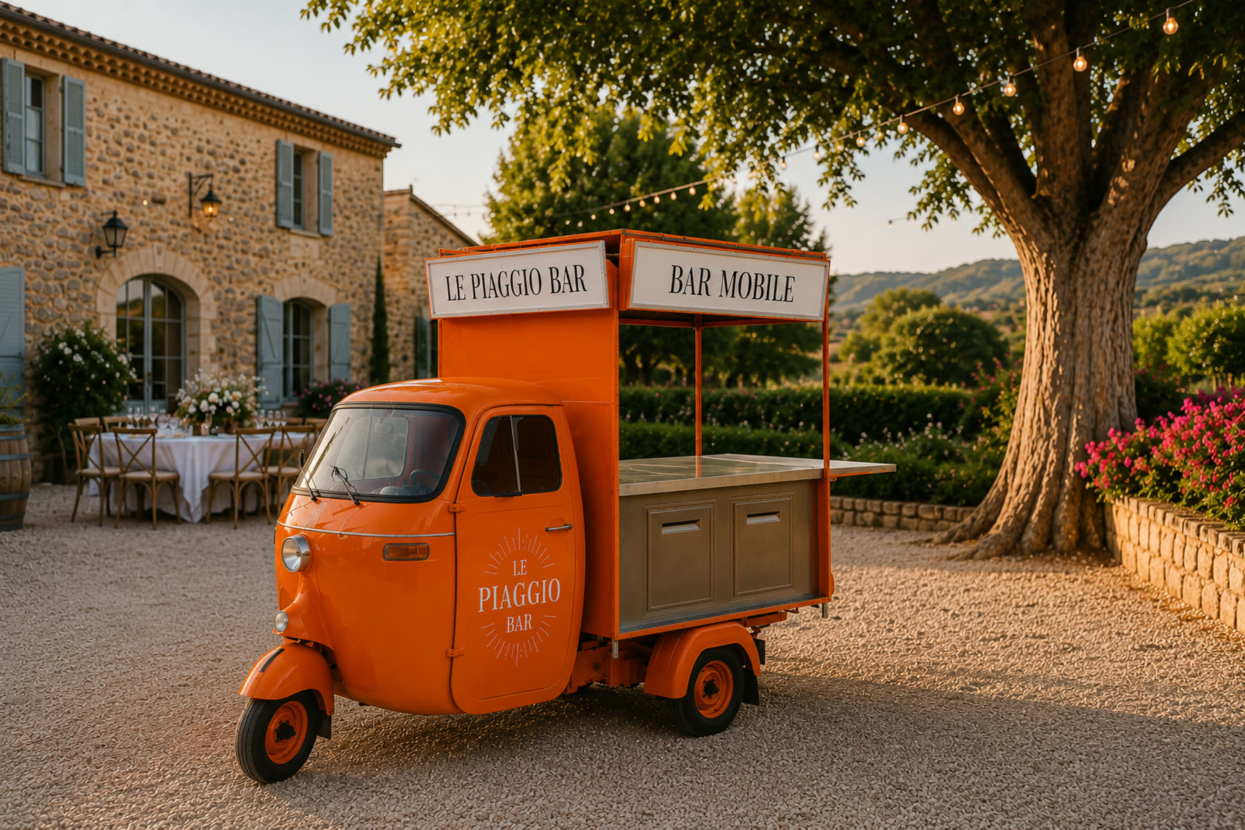 Bar à cocktails mobile de la marque Le Temps d’un Cocktail pour un mariage en Provence, sous les guirlandes